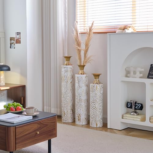 Floor Vases, Tall Home Decor Metal Vase Set of 3 Large Glazed Decorative Vases for Wedding Decor, Elegant Modern Flower Holder for Living Room, Entryway, Hallway - color: Ivory Vine Gold