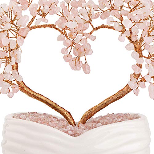 Jovivi Rose Quartz Crystal Heart Money Tree Healing Gemstone Bonsai Tree for Wedding Ceremony Reiki Balancing Energy Meditation Feng Shui Wealth & Good Luck Home Indoor Office Decor 7.87"-8.26" - color: Rose Quartz
