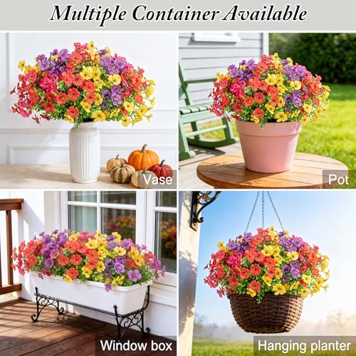 Artificial Flowers for Outdoors Decoration for UV Resistant Silk,16 Bundles | Artificial Violet Flowers for Spring Outdoor Decor, Realistic Fake Plants for Porch,Garden,Window Box,Vase Mix 4 Colors - color: Red Rose Yellow Purple