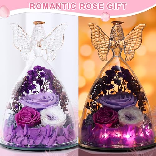 Mothers Day Rose Gifts for Women Preserved Real Flower in Glass Angel Figurines Roses for Delivery Prime Birthday Gifts for Mom Grandma Girlfriend Wife Her, Light Purple Austin Roses - color: Light Purple With Austin Roses