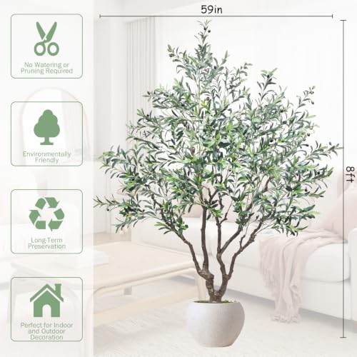 Caxchiling Large Artificial Olive Tree 8FT, Fake Tree for Indoor Outdoor, Lifelike Tall Floor Plants with Heavy Trunk and Ball-Shaped Pot, Home Office Decor for Living Room Bedroom Doorway Hallway - color: Olive, size: 8ft