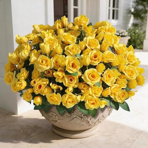 Juxdp 8 Bundles Artificial Roses, Realistic Silk Bouquet Flower(Yellow) | Fluffy and Vivid, Fade-resistant, Faux Rose Plants, for Front Door/Garden/Farmhouse/Home/Outdoor/Spring/Summer Decor - color: Yellow