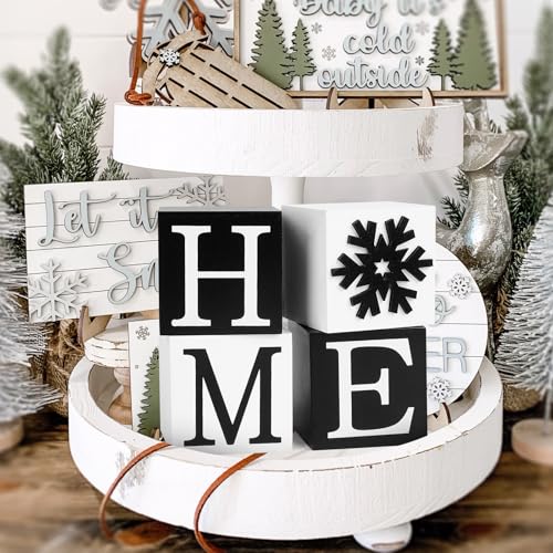 nuvagiki Christmas Winter Tiered Tray Decor, Home Sign Decor, Black and White Wooden Snowflakes Block Sign, Rustic Farmhouse Winter Living Room Table Decorations Wooden Home Indoor - color: Black
