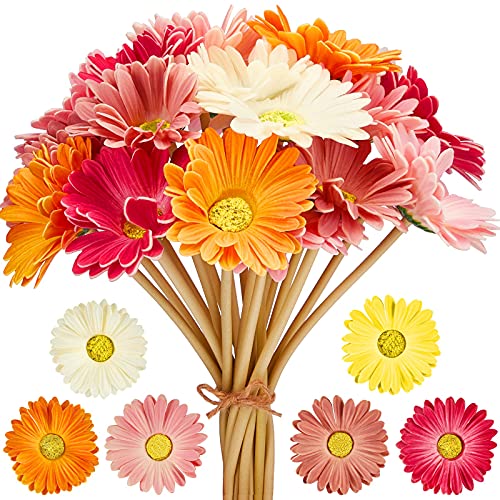 WILLBOND 18 Pcs Artificial Gerbera Daisies Flowers 15 in Pink and Orange Fake Daisy Bouquet with Flexible Stems Boho Faux Wildflower for Groovy Sunset Soiree Wedding Bridal Party Home Decor, 6 Colors - color: White, Pink, Yellow, Orange, Rose, Coral