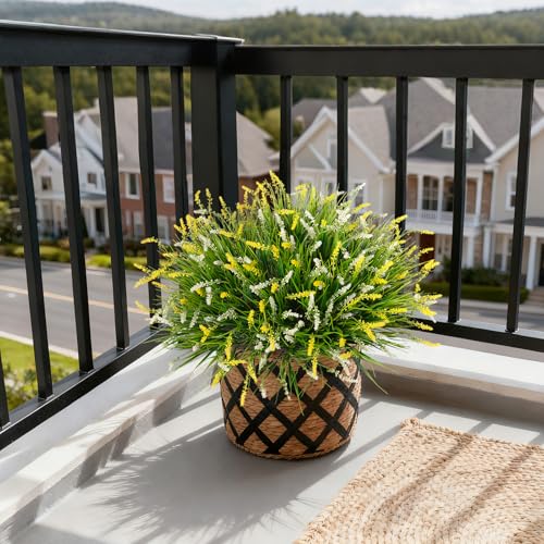 Ammyoo Artificial Faux Plants for Outdoor Spring Decoration, 12 Pcs Fake Monkey Grass for Garden Porch Balcony Planters, Fake Flowers Shrubs UV Resistant No Fade Plants Greenery Bush(Yellow White) - color: Yellow White, size: 12 Pcs