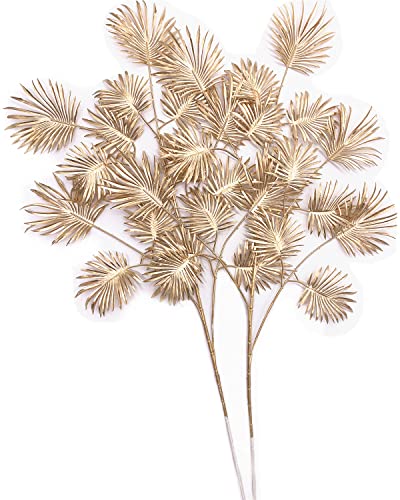 Christmas Decor Artificial Gold Plants 30" Tall 2 Pack, Faux Golden Fans Palm Leaves Plastic Fake Tropical Grass Flowers for Home Indoor Room Wedding Centerpiece Decoration Hall Table Vase Filler DIY - color: (Tall) Golden Palm Leaves - 2 Pcs