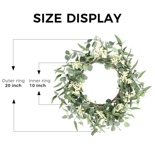Pinkpum 20'' Eucalyptus Wreath for Front Door, Porch, Window - Green Decor for Home, Farmhouse - Spring, Summer, Fall, All Seasons Fluffy Version - color: White, size: 20'' fluffy version