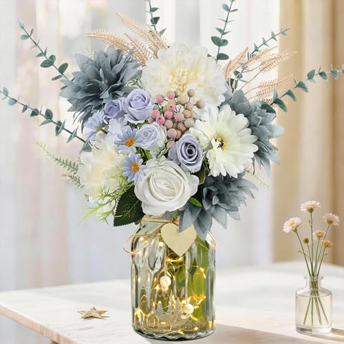Fake Flowers in Vase, Dusty Blue Artificial Flowers Arrangement in Vase, Fake Floral Table Centerpieces for Kitchen Farmhouse Coffee Table Living Room Cemetery Gravesites Decor - color: Dark Blu Wht