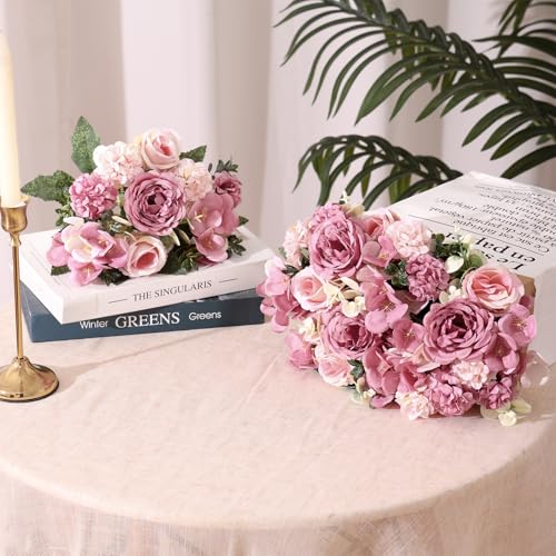 4 Packs Peonies Artificial Flowers Silk Pink Purple Artificial Peonies Bouquet Fake Flower Arrangements Mixed Roses Hydrangea with Stems for Centerpiece Table Wedding Bridal Bouquets Home Decor - color: Pink Purple