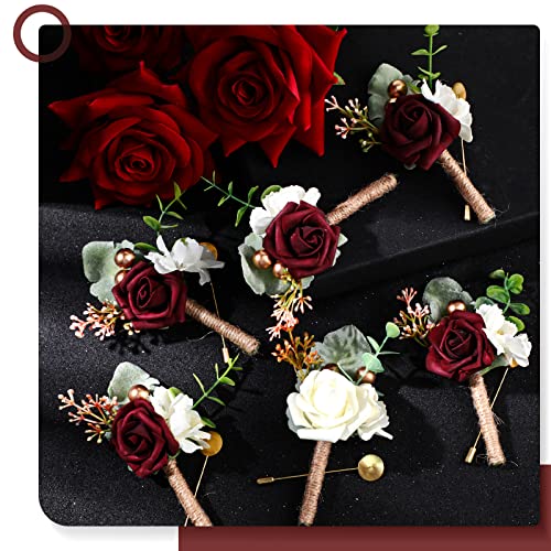 Canlierr 6 Pcs Rose Boutonniere for Men with Pins Wedding Groom and Groomsmen Corsage Artificial Flowers for Vintage Wedding Anniversary Dinner Party Prom Suit Decorations (Wine Red,Creamy White) - color: Wine Red, Creamy White