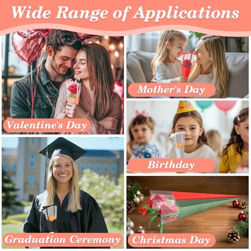 RAINFLOW Flower Wrapping Bags - 16 Pcs Single Rose Sleeves Flower Sleeves for Bouquets,Single Flower Bags Plastic Flower Wrap for Wedding Birthday Valentine’s Day Gifts Wedding Birthday Mother's Day Floral Arrangement