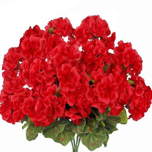 4 Pcs Artificial Geraniums Flowers for Outdoors Silk Geranium Outside UV Resistant Red Fake Plants Faux Flowers for Outdoor Planters Pot Garden Patio Porch Window Courtyard Indoor Home Decor - color: Red