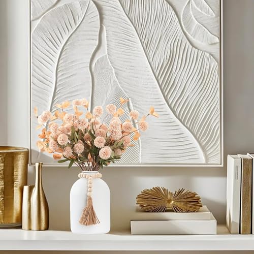 20''H Fake Flowers in Large Vase for Centerpiece Table Decorations with 10Pcs Fake Mums Flowers Eucalyptus Stems Faux Pompon Kiku Flowers Arrangement for Home Decor (Beige/White Vase) - color: Beige/White Vase