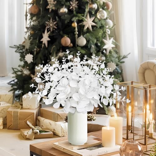 Yen Jean 14PCS White Eucalyptus Artificial Faux Flowers for Decoration - Fake Silk Stems in Vase Christmas Holiday Winter Wedding Home Decor - style: white