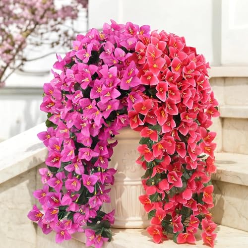 ATTGREAT Artificial Bougainvillea for Outdoors Faux Plants UV Resistant Flowers Fake Plastic Plants Realistic Silk Flowers for Porch Planter Garden Hanging Decoration, 2Pcs(Purple Red & Rose Red) - color: Purple Red & Rose Red