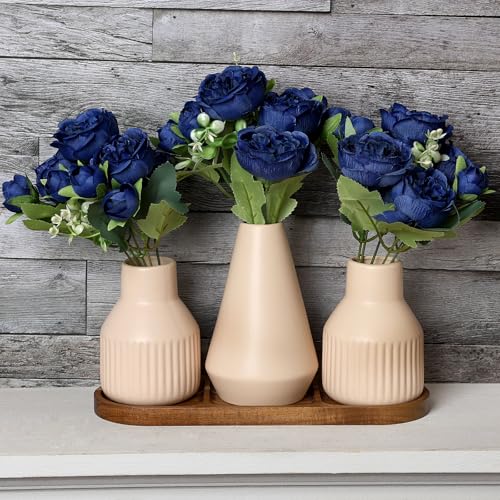 Flower Table Centerpiece - Dining Table Centerpiece Decor Set of 3 Fake Peonies in Ceramic Vases & Wood Tray Modern for Kitchen Island Living Room Coffee Table Home Decor (Royal Blue) - color: Royal Blue