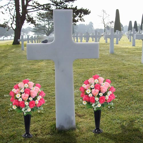 Wocst Artificial Cemetery Flowers for Grave Memorial Day Flowers for Cemetery,2Pack Artificial Silk Roses Daisy Bouquets with Cemetery Vases for Outdoor Grave Decorations ﻿ (Pink) - color: Pink