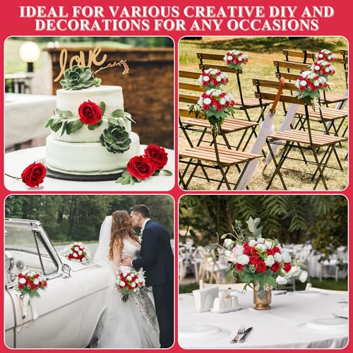 Zeyune 16 Bunches 12 Inch Artificial Mini Rose Bouquet 160 Heads Bridal Flower Bouquets Fake Silk Rose Bulk for Valentine's Day Wedding Bridal Shower Home Office Garden(White and Red) - color: White and Red