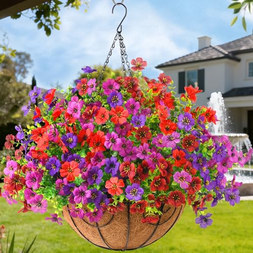 Artificial Flowers Hanging Baskets, Multicolor 12 Bundles Faux Flower Outdoor Hanging Basket Spring Summer Decoration, Fake Plants for Porch Patio Balcony Home Yard Decor(Mixd 2) - color: Light/Deep Purple,red,brown