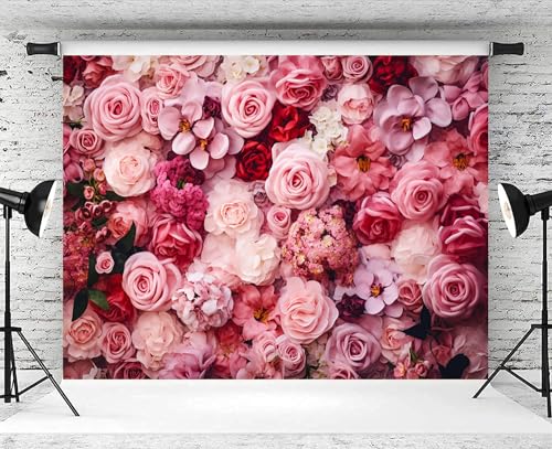10x6.5ft Flower Backdrop Pink Red Rose Flowers Floral Wall Photography Background Birthday Baby Shower Wedding Party Banner Decorations Supplies Photo Booth Props - size: 10x6.5ft
