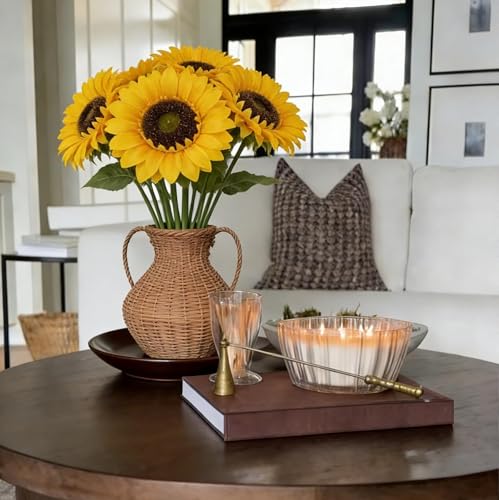 12 PCS Fake Sunflowers Silk Sunflowers Long Stem Large Summer Yellow Flower | 6in Large Heads Flower Arrangement Indoor Home Decor for Tall Vase