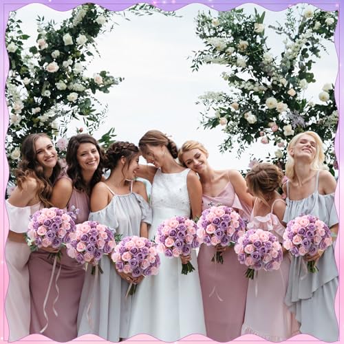 Hoteam 72 Heads Pink and Purple Artificial Rose Flowers 6 Bouquet Wedding Decoration Faux Flower Arrangement Bouquet with Stem Bridal Shower Gift Floral Centerpiece for Tables - color: Purple Pink