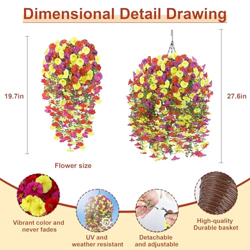 Artificial Hanging Flowers with Basket, 480 Blooms UV Resistant Faux Morning Glory Silk Plants, Fast & Easy Assembly Fake Hanging Baskets for Outdoor Porch Patio Garden Decor, Purple&Yellow&Red - color: Purple&yellow&red