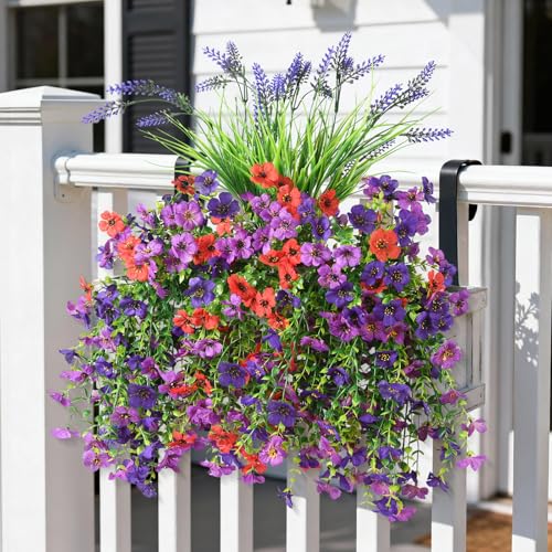 Artificial Fake Hanging Flowers Plants for Outdoor Outside Decoration, Faux Silk Daisy Flower Realistic UV Resistant for Front Porch Patio Balcony Garden Yard Indoor Planter Home Decor(Purple Red) - color: Mixed 2
