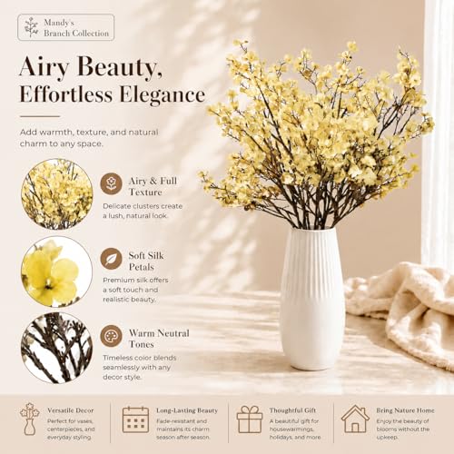 Mandy's 6 Bundles Artificial Light Yellow Baby’s Breath Flowers | 18.5 Inch Silk Gypsophila European Style Modern Home Decor Centerpiece Neutral Wedding Flower Arrangements - color: Light Yellow