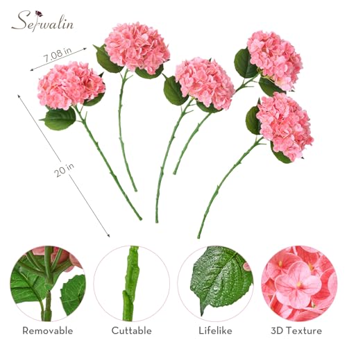Serwalin 5PCS Real Touch Hydrangea Artificial Flowers with Long Stems,20in Hot Pink Latex Large Lifelike Faux Hydrangea Flowers for Family Table Office Wedding Party Arrangements Decor - color: Hot Pink, size: 5PCS