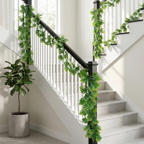 8Pcs Artificial Tropical Leaves Garland for Jungle Party, 5.9FT Fake Monstera Leaves Vines Hanging Plant Ivy Faux Palm Leaf Greenery Garland for Garden Porch Patio Beach Birthday Indoor Outdoor - color: Monstera-8pcs