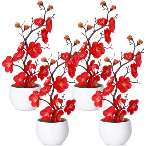 Suncalla 4 Pack Artificial Red Plum Blossom Fake Bonsai, Silk Flower Arrangement with Flower Pot, Cherry Blossoms Decor for Hibachi Party Chinese Japanese Asian Theme Party Supplies (Upright) - style: Upright