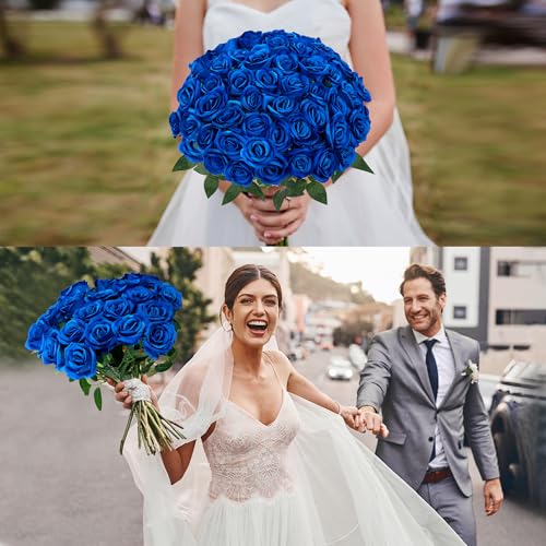 Sggvecsy 50 Pcs Artificial Roses Fake Flowers Velvet Silk Roses with Stems Bulk Realistic Faux Flowers for Bridal Bouquets Wedding Centerpieces Valentines Day DIY Home Party Decor (Blue) - color: Blue