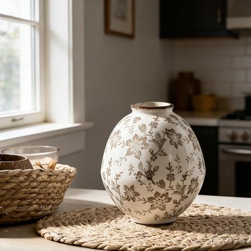 5.83 Inch Vintage Brown Chinoiserie Floral Vase, Antique Rustic Ceramic Vase for Home Decor, Living Room, Bookshelf, Office, Entryway, Garden, Tuscan Decor, Chinoiserie Decor - color: Brown Chinoiserie Floral- 5.83"