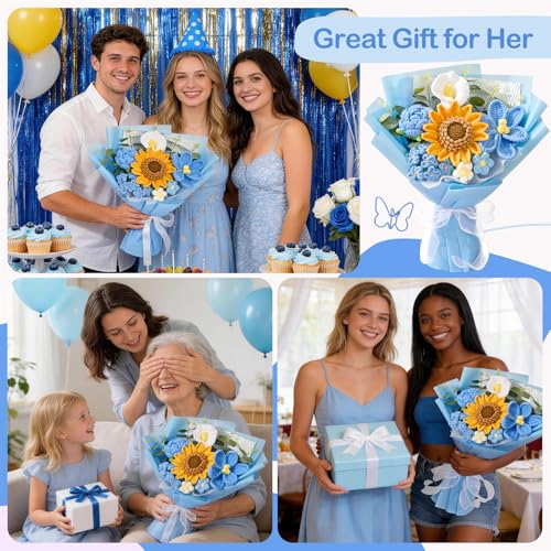 Crochet Flower Bouquet,Blue Knitted Flowers, Handmade Sunflowers Tulips Roses Bouquet for Valentine Day Birthday Anniversary Party Mother's Day Graduation Gifts(with Card) - color: Blue