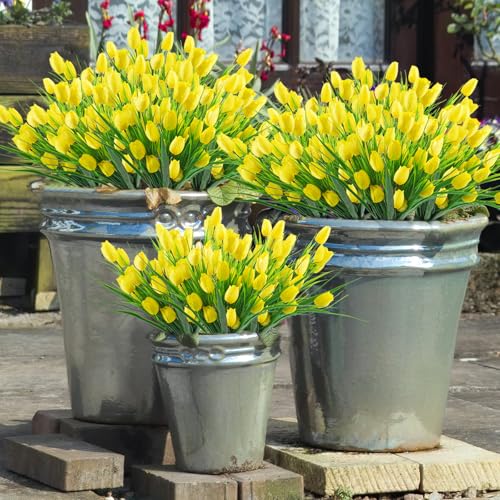 12 Bundles Tulips Artificial Flowers, 60 Heads Outdoor Artificial Tulip Faux Plastic Greenery Shrubs Plants UV Resistant for Easter Home Outside Garden Porch Window Decor (Yellow) - color: Yellow, size: 12 PCS