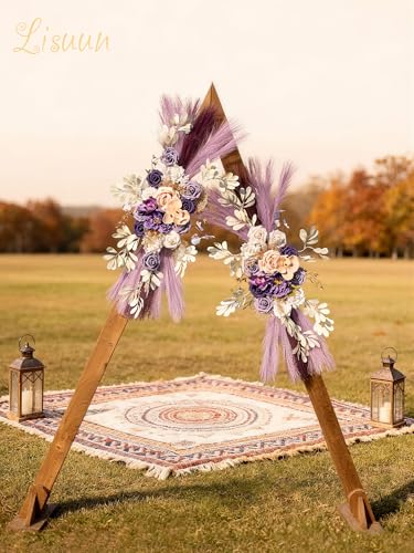 Lisuun Wedding Arch Flowers, Artificial Flowers for Decoration, Large Flower Swag for Boho Styles Wedding Ceremony Floral Decor - Pack of 2 - color: Purple Champagne Pampas