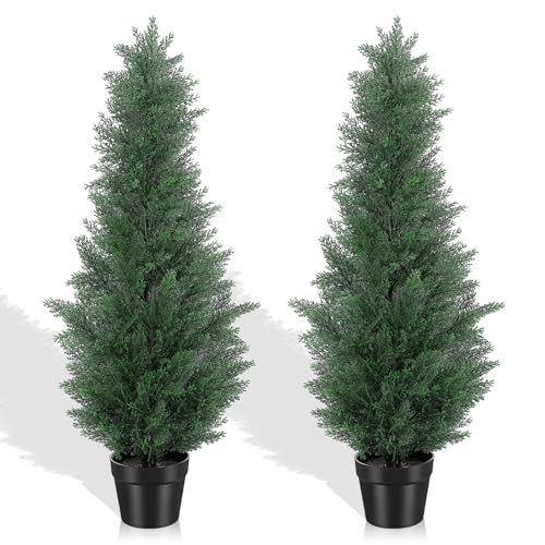 3FT Artificial Cedar Trees, Set of 2 - UV Resistant Realistic Faux Evergreen Cypress Trees, Adjustable Branches, All Weather for Front Porch, Outdoor Planters, Indoor Home Decor - size: 3ft