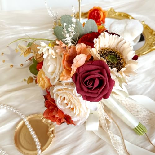 9 Inch Sunflower Wedding Bouquets for Bride Bridesmaid, Burgundy Red Roses Burnt Orange Artificial Flowers Bridal Bouquet Vintage Fall Winter Boho Rustic Wedding Decoration Toss Bouquet Prom - color: Sunflower, Burgundy