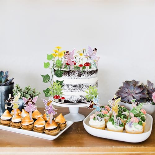 28PCS Fairy Cake Toppers Mini Flowers Red Mushroom Artificial Leaves Cake Decorations for Fairy Flower Theme Baby Girls Birthday Party Decorations Supplies - color: Colorful