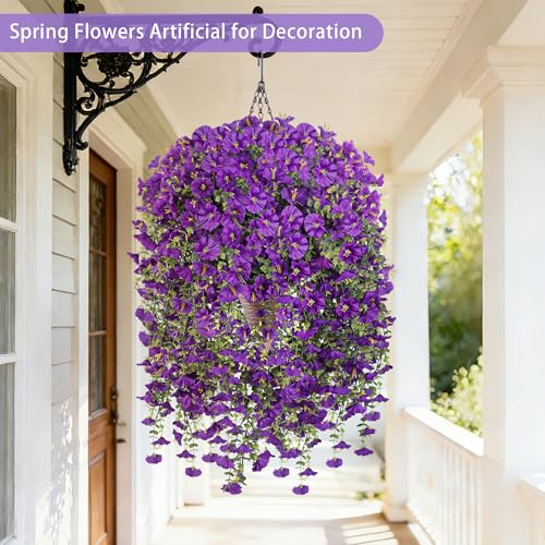 Artificial Hanging Flowers with Basket, 480 Blooms UV Resistant Faux Morning Glory Silk Plants, Fast & Easy Assembly Fake Hanging Baskets for Outdoor Porch Patio Garden Decor, Purple - color: Purple