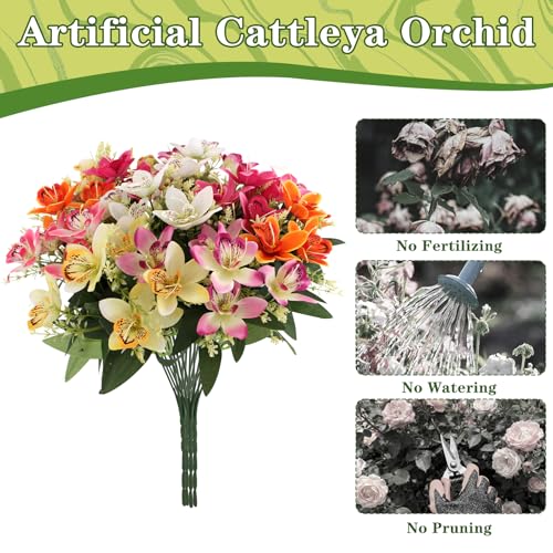 Coreland 12pcs Artificial Flowers Faux Cattleya Flower Bouquet for Vase Table Decorations Silk Flowers for Home Decor DIY Party Wedding Centerpieces Indoor Outdoor Arrangements (Vase not Included) - color: C Mix - 12 Pcs