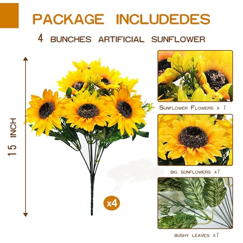 TURNMEON 28Pcs Sunflowers Artificial Flowers for Outdoors Summer Decor, 4 Pack Fake Flowers Silk Faux Sunflower Bouquet Mum Flowers Arrangement for Vase Wedding Table Indoor Home Fall Cemetery Decor
