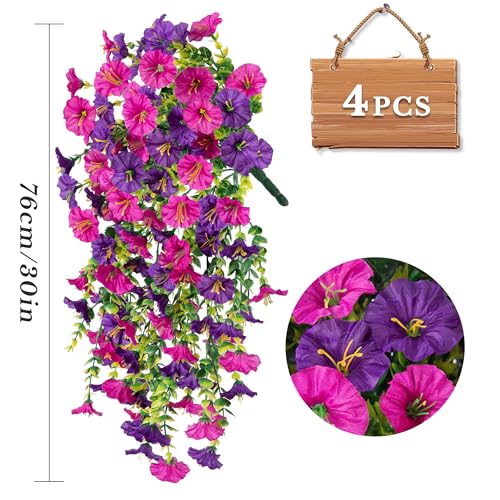 4 Pcs Fake Hanging Plants Artificial Flowers for Outdoors, Silk Petunia Faux Flowers Look Real Trailing Vines UV Resistant Faux Plants for Home Planter Porch Patio (2 Rose Red+2 Purple)