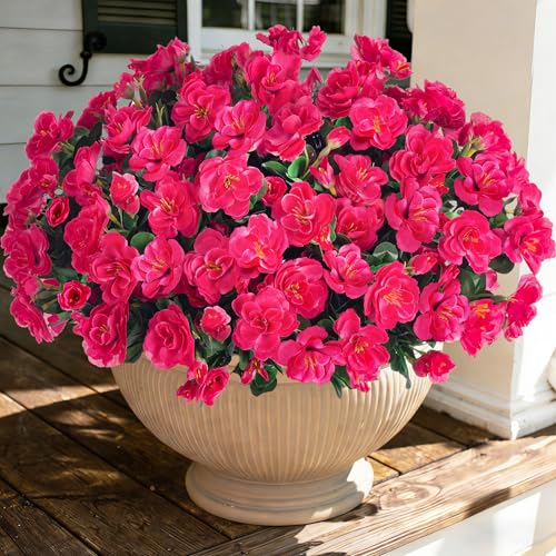 Ivydale Artificial Fake Camellia Flowers Plants for Outdoor Outside Spring Decoration, Faux Silk Hotpink Camellias UV Resistant Look Real for Planter Porch Patio Garden Yard, 3 Large Bundles - color: Hotpink