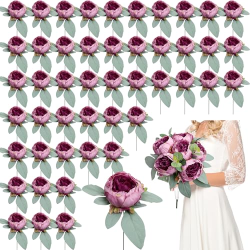 50Pcs Artificial Peonies Flowers Bulk, 4’’ Purple Peonies Fake Flowers Heads for Table, Faux Silk Peony Arrangements for Halloween, Wedding, Engagement, Party, Coffee, Dining Decorations - color: Purple