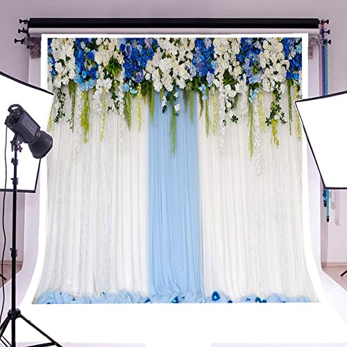 AOFOTO 8x8ft Blue White Flowers Curtain Wedding Backdrop Romantic Floral Wall Drapes Bride Groom Ladies Girls Photoshoot Background for Wedding Reception Ceremoney Birthday Cake Table Decor Banner - size: 8x8ft
