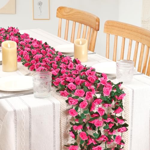 KHOYIME 9 Pack 72 FT Artificial Flower Garland, Fake Hot Pink Roses Vines Silk Flowers Faux Plastic Outdoor Hanging Floral Ivy Garland Decoration for Wedding Arch Bedroom Home Wall Backdrop Room Decor - color: Hot Pink, size: 9pcs