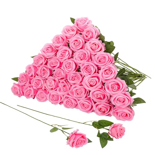 36 Pcs Pink Velvet Texture Soft Artificial Flowers Bridal Bouquet, Real Touch Fake Rose Long Stem Realistic Flowers Bulk for DIY Wedding Ball Arrangement Centerpiece Party Home Decor - color: Pink