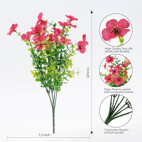Artificial Flowers for Outdoor Indoor Garden Home Decoration, Faux Flower Daisy with Eucalyptus Leaves Fake Plants Greenery Boxwood Porch Patio, 12 Bundles - color: Rose